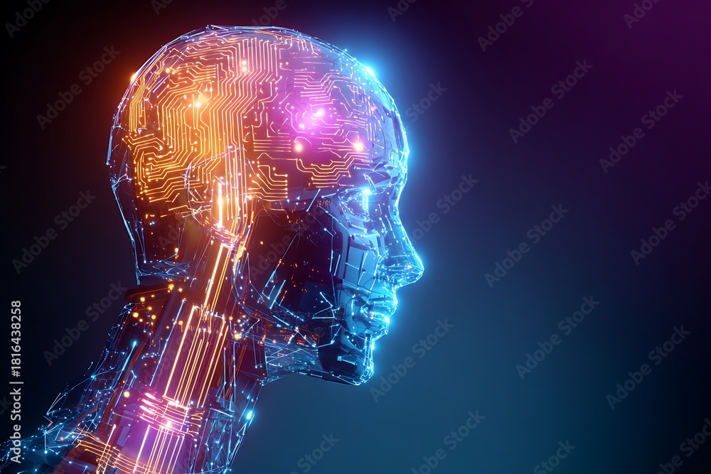 Obraz premium Artificial, intelligence digital brain glowing circuit neon technology render