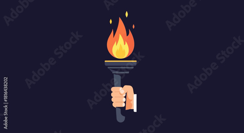 A striking flat design icon featuring a single, stylized torch with a vibrant flame, representing the light and spirit of Up Helly Aa. This minimalist 2D vector uses clean shapes and a limited color 