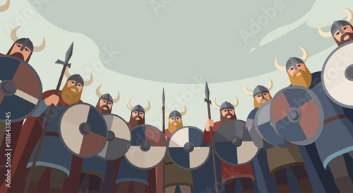 A powerful flat design illustration of the Up Helly Aa Jarl Squad in a formidable shield wall formation, emphasizing their unity and strength. This minimalist 2D vector uses clean shapes and a limited