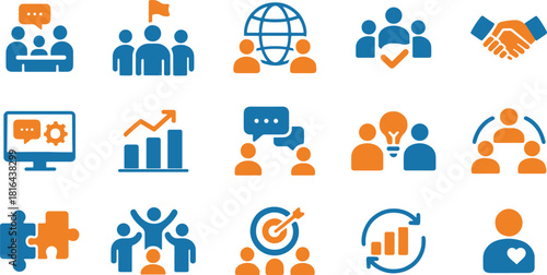 Set of business and teamwork icons representing collaboration, global reach, and professional development