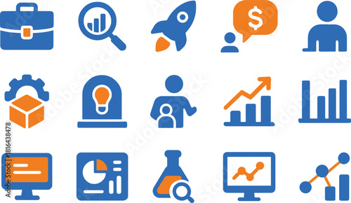 Business and research icon set, blue and orange color scheme, vector illustration isolated on white background