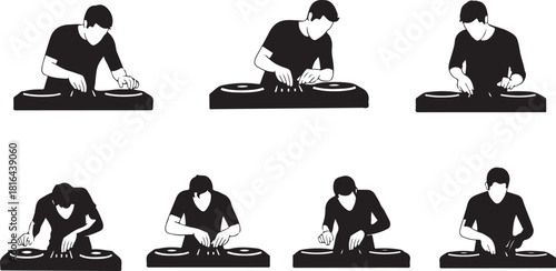 DJ disc jockey silhouette collection set, men playing records on turntable mixer in various poses vector illustration