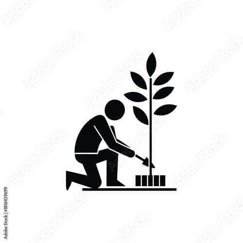Transparent Silhouette of Person Planting a Tree with Axe and Wooden Pegs