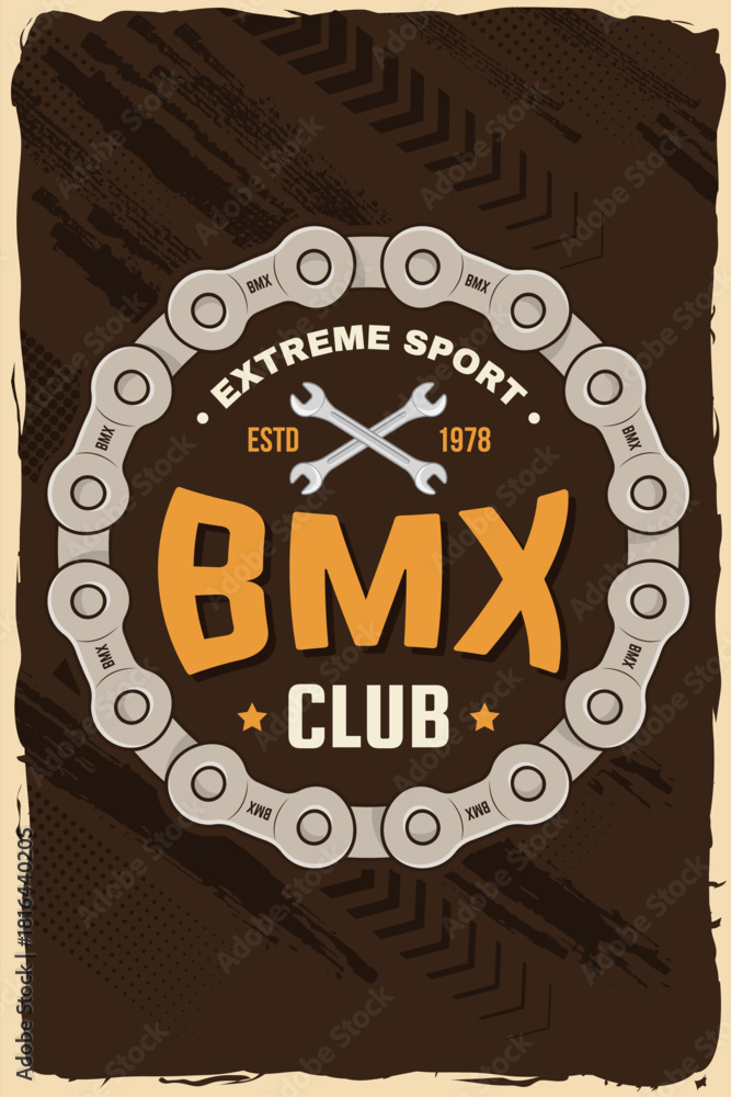 Fototapeta premium Bmx extreme sport club poster, banner, magazine template. Vector. Concept for shirt, logo, print, stamp, tee with sprocket, chain. Vintage typography design with wrench and chain silhouette.