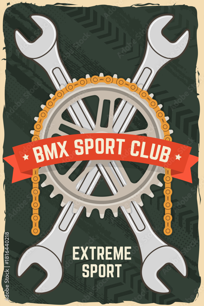 Fototapeta premium Bmx extreme sport club poster, banner, magazine template. Vector illustration. Concept for shirt, logo, print, stamp, tee with sprocket, chain. Vintage typography design with wrench, bmx sprocket and