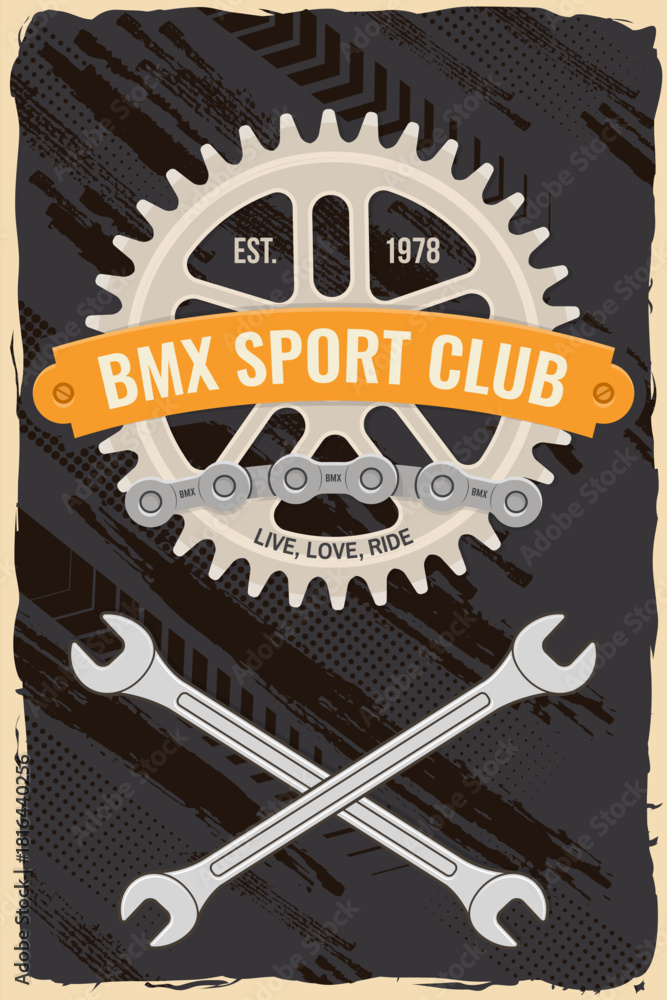 Fototapeta premium Bmx extreme sport club poster, banner, magazine template.Vector. Concept for shirt, logo, print, stamp, tee with sprocket, chain. Vintage typography design with bmx sprocket and chain silhouette.