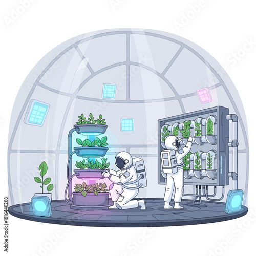 Futuristic concept of space colonization showing astronauts farming plants in a high-tech biodome greenhouse using vertical farming