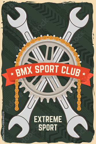 Bmx extreme sport club poster, banner, magazine template. Vector illustration. Concept for shirt, logo, print, stamp, tee with sprocket, chain. Vintage typography design with wrench, bmx sprocket and