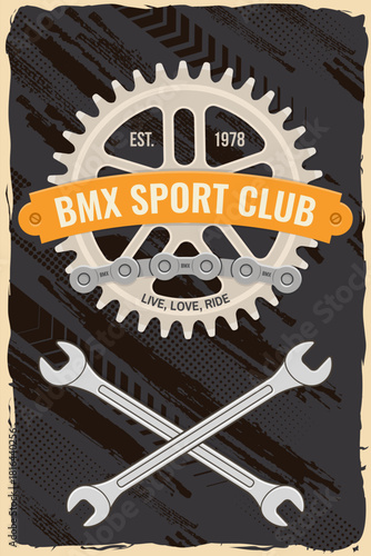 Bmx extreme sport club poster, banner, magazine template.Vector. Concept for shirt, logo, print, stamp, tee with sprocket, chain. Vintage typography design with bmx sprocket and chain silhouette.
