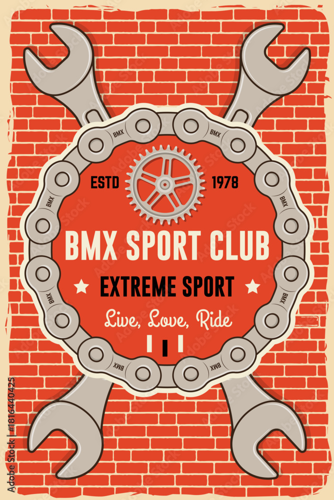 Fototapeta premium Bmx extreme sport club poster, banner, magazine template. Vector. Concept for shirt, logo, print, stamp, tee with sprocket, chain. Vintage typography design with bmx chain and sprocket silhouette.