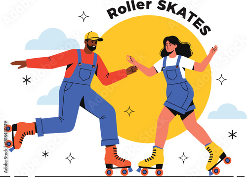 Roller skating illustration—two joyful figures skating with sun backdrop and playful comic-style accents