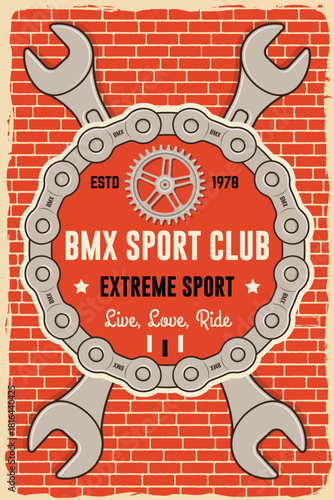 Bmx extreme sport club poster, banner, magazine template. Vector. Concept for shirt, logo, print, stamp, tee with sprocket, chain. Vintage typography design with bmx chain and sprocket silhouette.