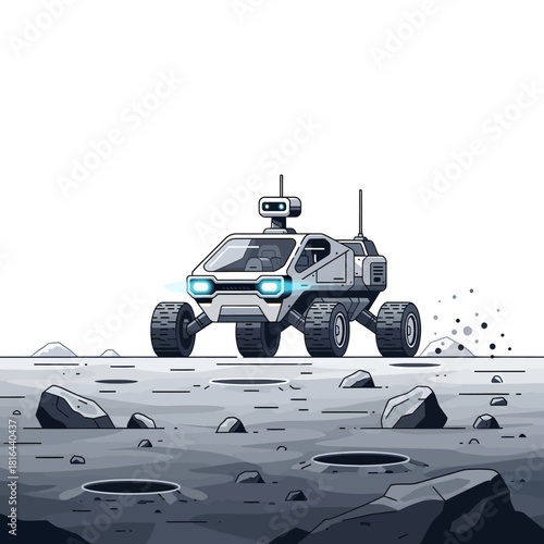 Advanced robotic moon rover on a futuristic space exploration mission across a cratered alien landscape with a simple white background