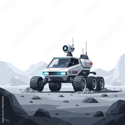 Futuristic six-wheeled exploration rover on a mission across a desolate rocky alien planet surface