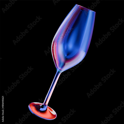 3d drinking glass icon refraction and holographic effect isolated on dark background. Neon drinking glass with overlay dispersion light, rainbow gradient. 3d vector morphism