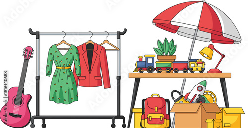 Yard sale illustration—colorful setup with clothes, toys, guitar, and household items under striped umbrella