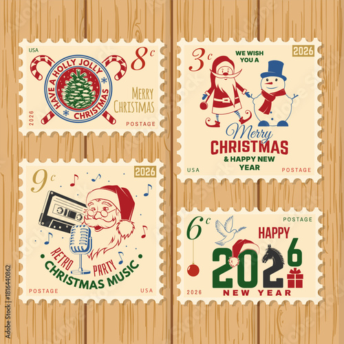 Postage stamps. Merry Christmas and Happy New Year 2026 retro postage stamp with Santa Claus, Christmas tree, gifts, poker card, casino chips, roulette. Vector illustration. Vintage design for xmas