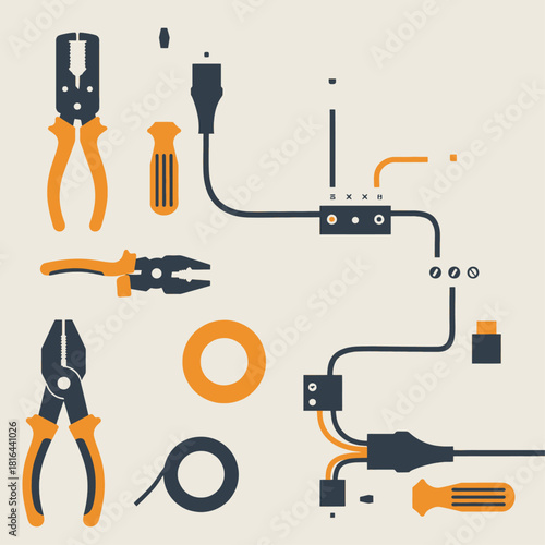 Flat design illustration of various electrical tools and wiring components for repair and installation.