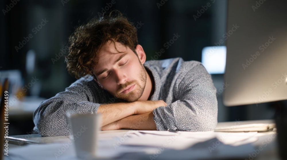 Fototapeta premium Man Sleeping At Desk In Office At Night. Exhaustion From Overwork And Late Hours
