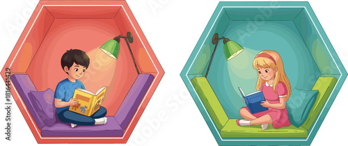 Children reading books in cozy hexagonal nooks with lamps, cushions, personal space, learning, education, cartoon style, indoor reading illustration