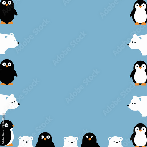 A cute cartoon border of black penguins and white polar bears on a light blue background, facing inwards.