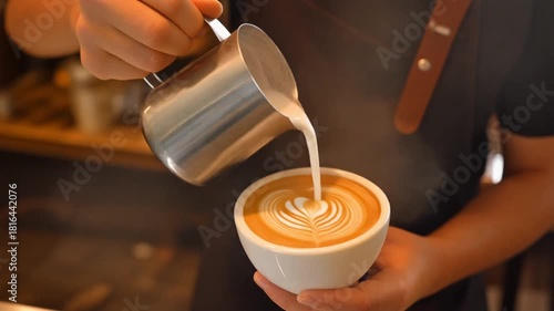 Ultra-HD cinematic video of barista pouring silky latte art into cappuccino, warm cozy café atmosphere