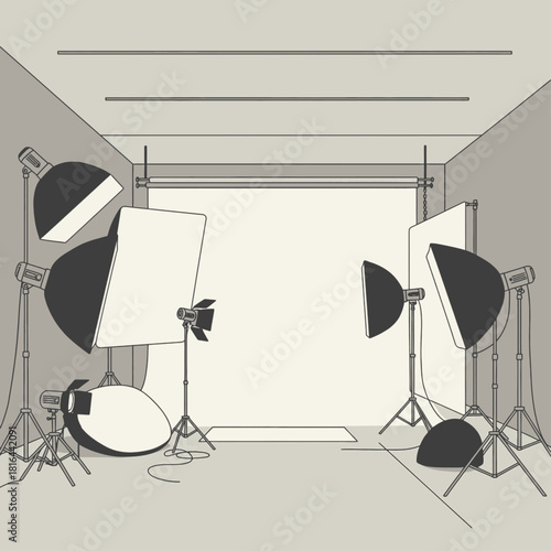 Photography studio setup with professional lighting equipment and white backdrop.