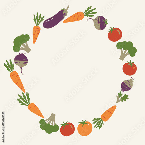 Vegetable wreath illustration with carrots, tomatoes, broccoli, eggplant, and beets.