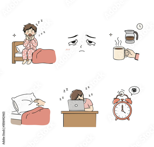 overworked sleepy icon set illustration