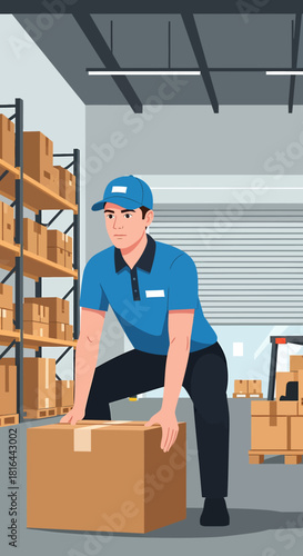 Delivery Man Lifting Box Safely in Warehouse with Good Posture