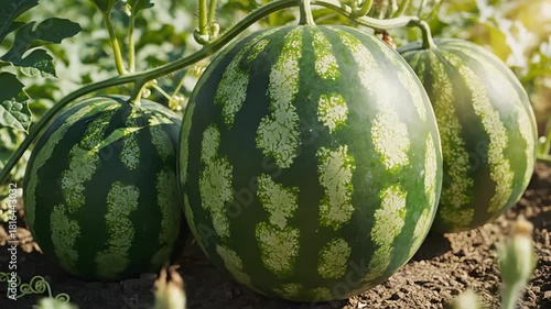 Seedling emerges from soil, showcasing growth progression in a vibrant garden, camera pans across the scene revealing lush plants and ripe watermelons