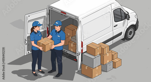 Courier Duo Passing Package near Delivery Van and Boxes