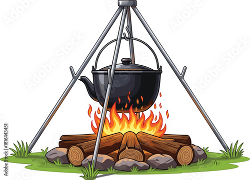 Campfire cooking, kettle over fire, outdoor boiling, rustic setup, tripod kettle, survival gear, flames, camping scene, boiling water, wilderness, firewood, metal tripod