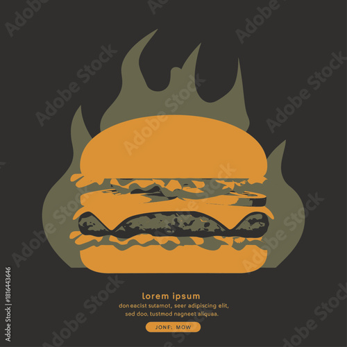 A minimalist flat design illustration of a hot cheeseburger with flames on a dark background.