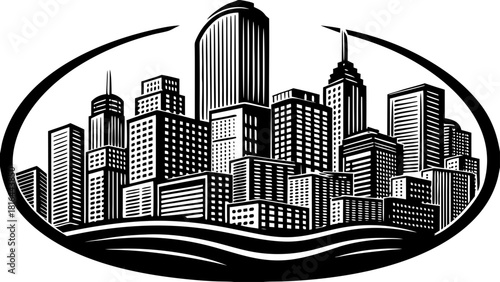 Black and white stylized illustration of a dense city skyline with skyscrapers inside an oval frame, vector graphic