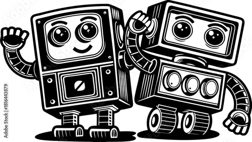 Two cute retro style cartoon robots waving hello and standing together as friends isolated on