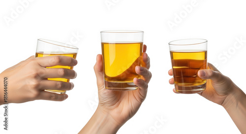 Three hands holding glasses of amber beverage isolated on transparent background