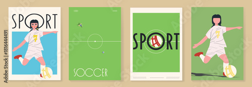 Flat-style soccer and football illustrations featuring minimal sport compositions, players, football fields, and modern poster layouts. Perfect for web design, banners, advertising, editorial use, and