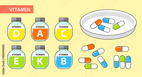 Illustration of various vitamin supplements in bottles and capsules for health