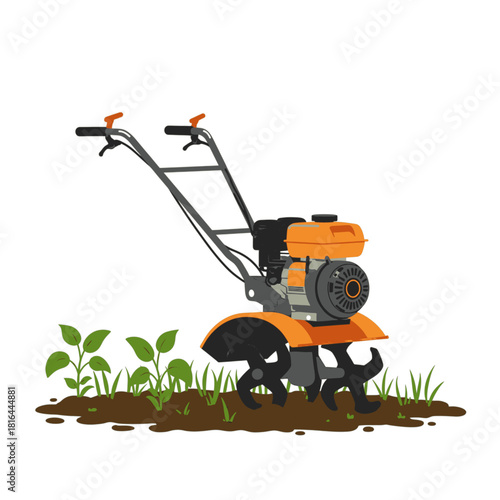 A motor cultivator or walk-behind tiller tilling the soil in a garden with green plants.