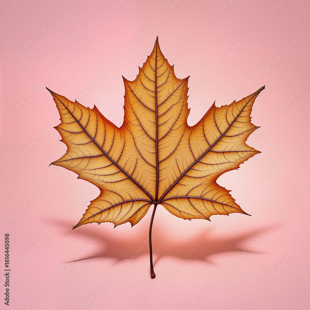 Obraz premium Single autumn maple leaf with detailed veins on a soft pink background