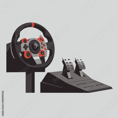 Illustration of a racing wheel and pedals for gaming on a gray background.
