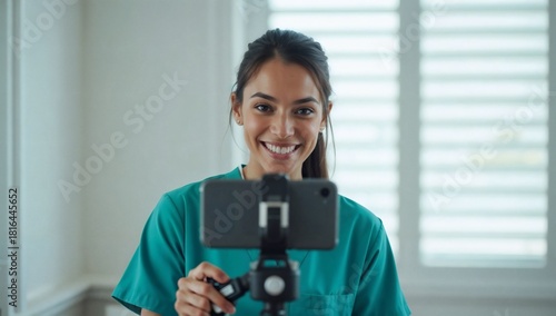 A cheerful young woman in medical scrubs records a video blog with a smartphone indoors with a