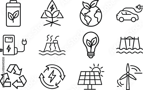 Outline icons for renewable energy sources and environmental symbols Keywords: renewable energy