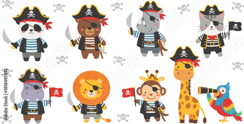 Cartoon pirate animals, cute crew, jungle pirates, animal costume, pirate theme, kids illustration, funny animals, skull hat, adventure, sword, parrot, giraffe, monkey