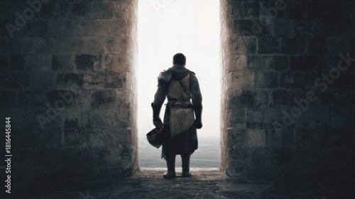 Medieval Knight Standing In Castle Archway. Historical Warrior Gazing Into Distance