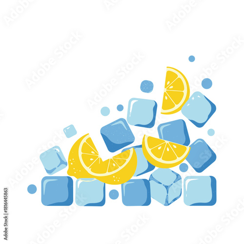 Refreshing illustration of blue ice cubes and yellow lemon slices for a cool drink.