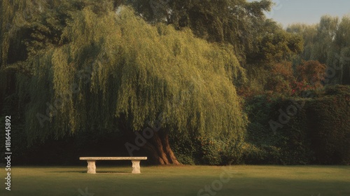Fototapeta Naklejka Na Ścianę i Meble -  Serene Park Scene With Stone Bench Under Lush Willow Tree. Peaceful Nature Retreat