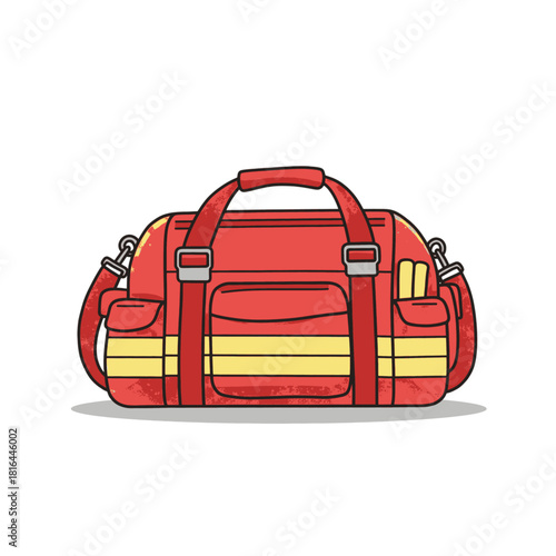 A red emergency response duffel bag with yellow stripes, illustrated in a cartoon style on a white background.