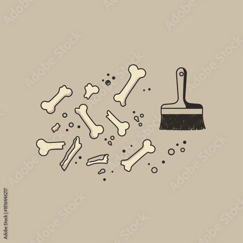 Minimalist illustration depicting various bones, some broken, alongside a small brush, evoking a paleontological discovery scene.